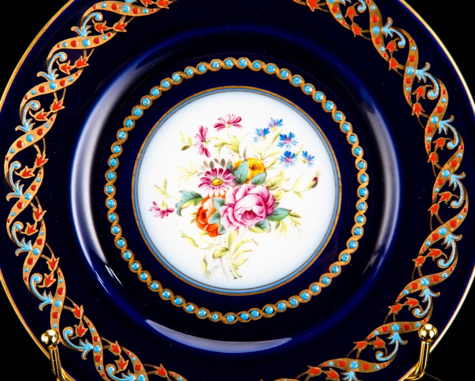Набор десертных тарелок с цветочным декором на 6 персон, фарфор, роспись, эмали, крытье кобальтом, золочение, Bernardaud, Франция, 1900-1930 гг.