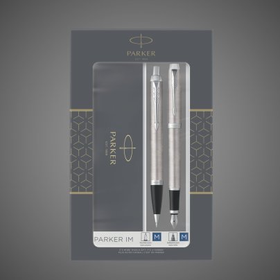 Набор из 2х ручек в подарочной коробке Parker IM "Duo" Stainless Steel CT;. Шариковая и перьевая ручка., Металлы: латунь, пластик, сталь