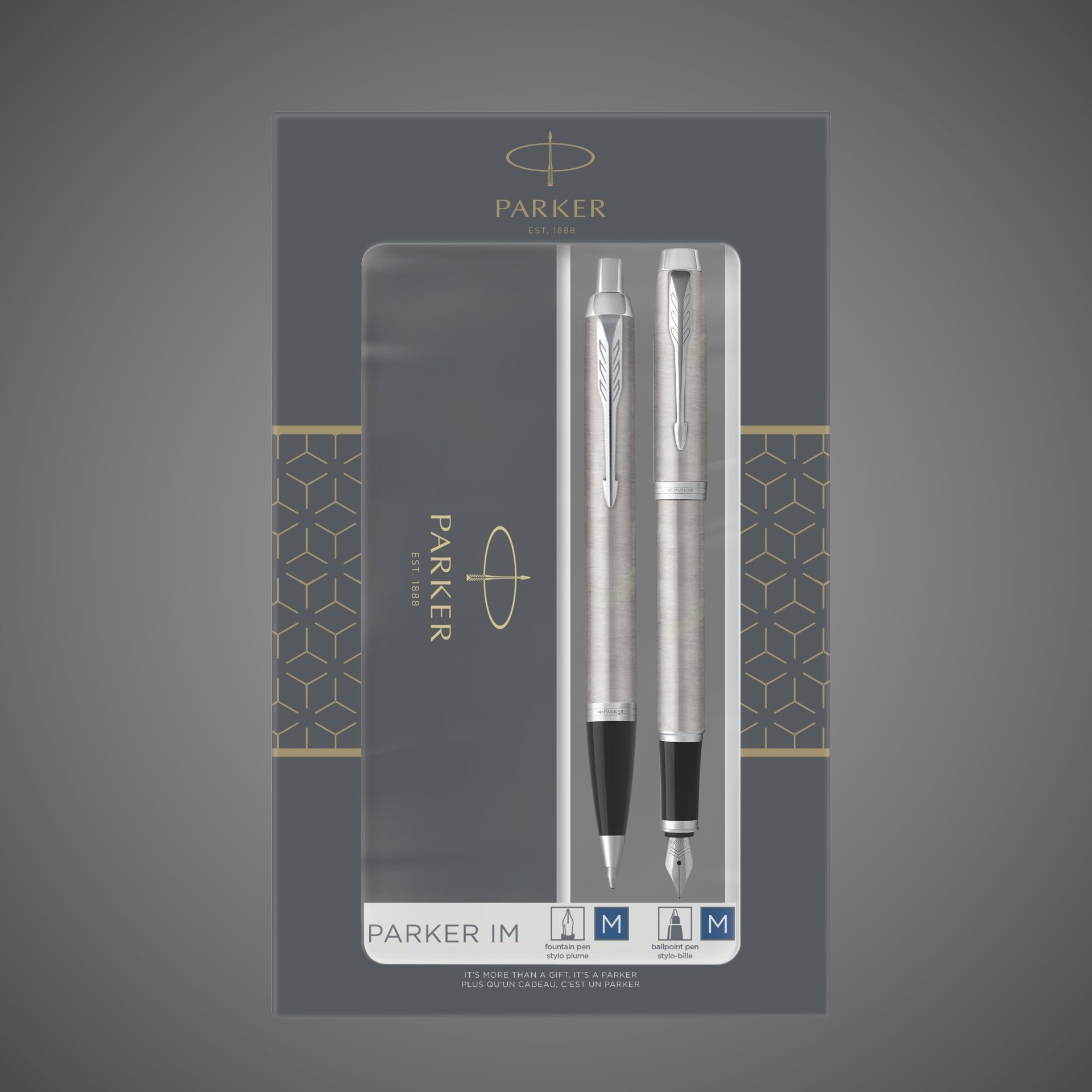 Набор из 2х ручек в подарочной коробке Parker IM "Duo" Stainless Steel CT;. Шариковая и перьевая ручка., Металлы: латунь, пластик, сталь