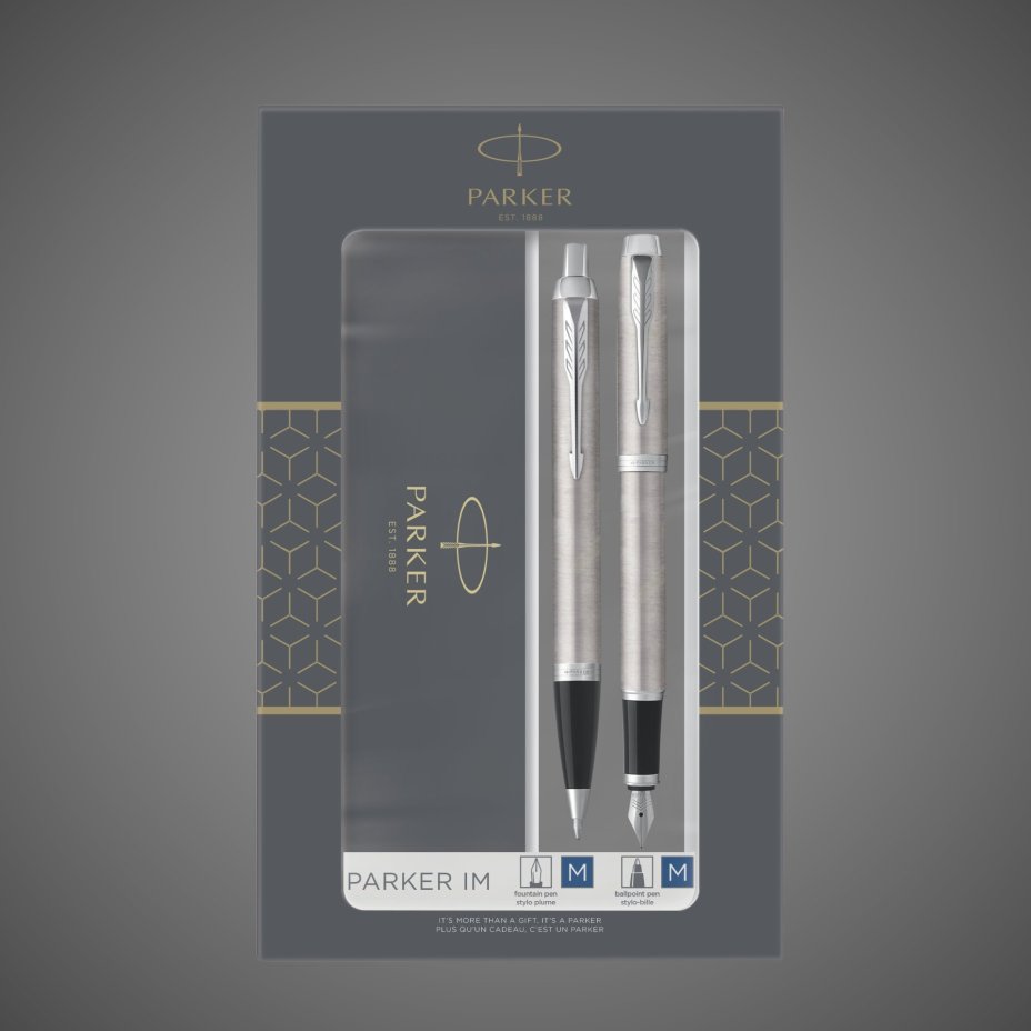 Набор из 2х ручек в подарочной коробке Parker IM "Duo" Stainless Steel CT;. Шариковая и перьевая ручка., Металлы: латунь, пластик, сталь