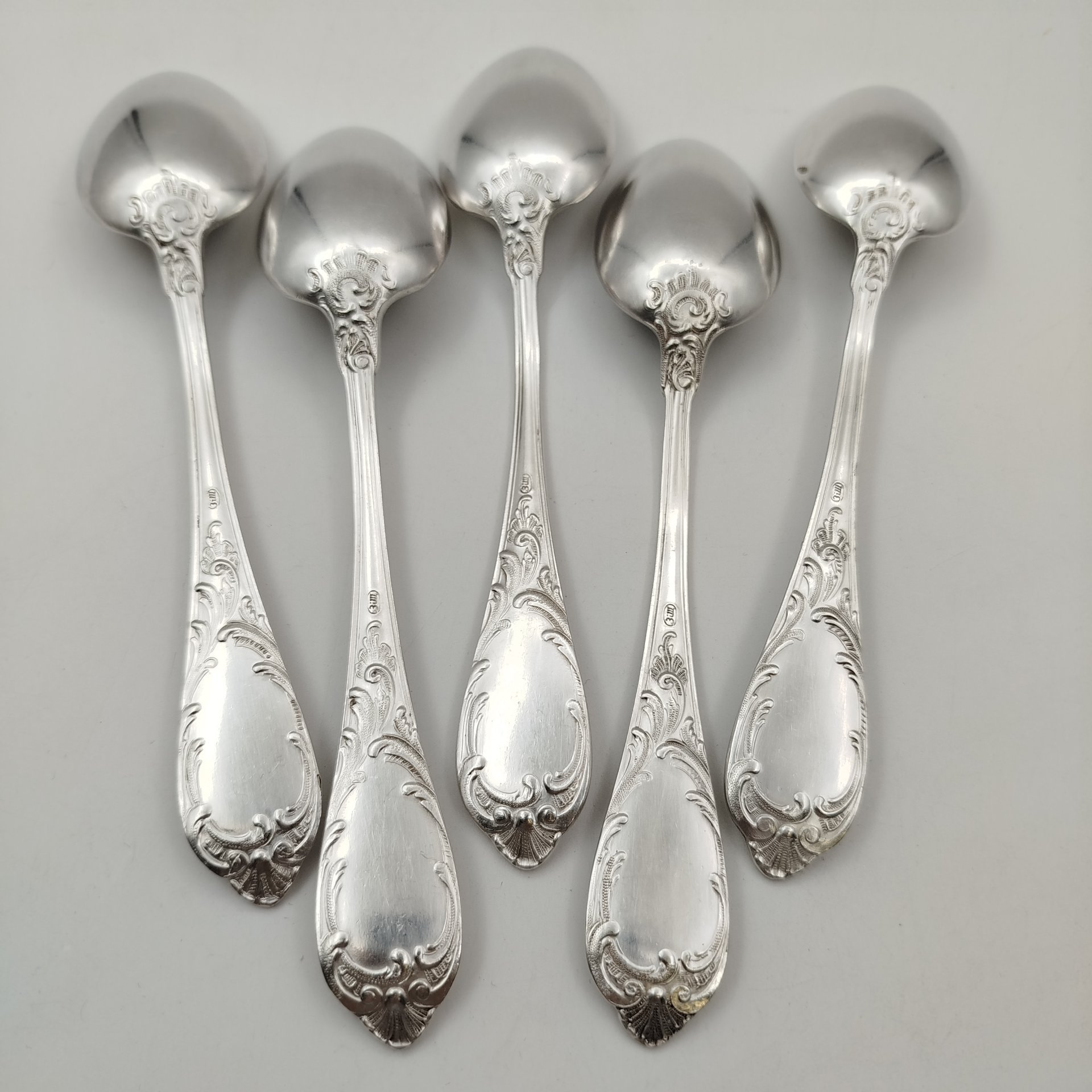 Набор из 5-ти столовых ложек с растительным декором, мНЦ (медь-никель-цинк), Вольнянский завод столовых приборов им. Шевченко (ЗiШ, ЗиШ), СССР, 1960-1980 гг., Вольнянский завод столовых приборов им. Шевченко (ЗiШ