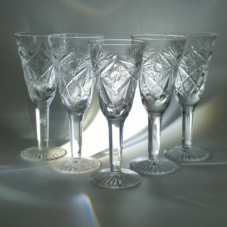 Набор из 5-ти бокалов в оригинальной коробке, хрусталь, картон, алмазная грань, Гусевской хрустальный завод (Гусь-Хрустальный), СССР, 1970-1980 гг.