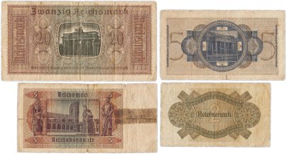 Набор из 4-х банкнот Германия, Третий рейх 2, 5 и 20 рейхсмарок (reichsmark) 1939-1945 "Немецкие оккупационные территории"