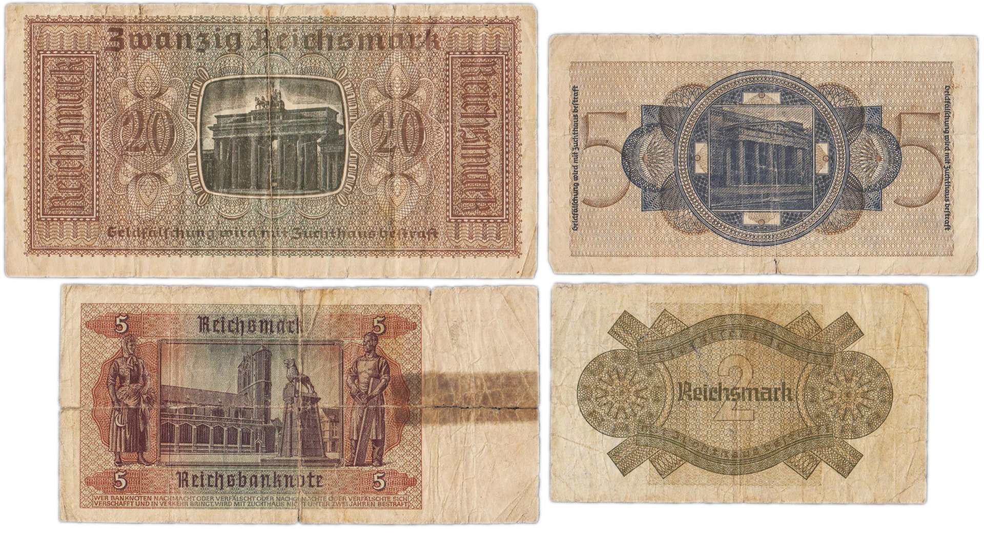 Набор из 4-х банкнот Германия, Третий рейх 2, 5 и 20 рейхсмарок (reichsmark) 1939-1945 "Немецкие оккупационные территории"