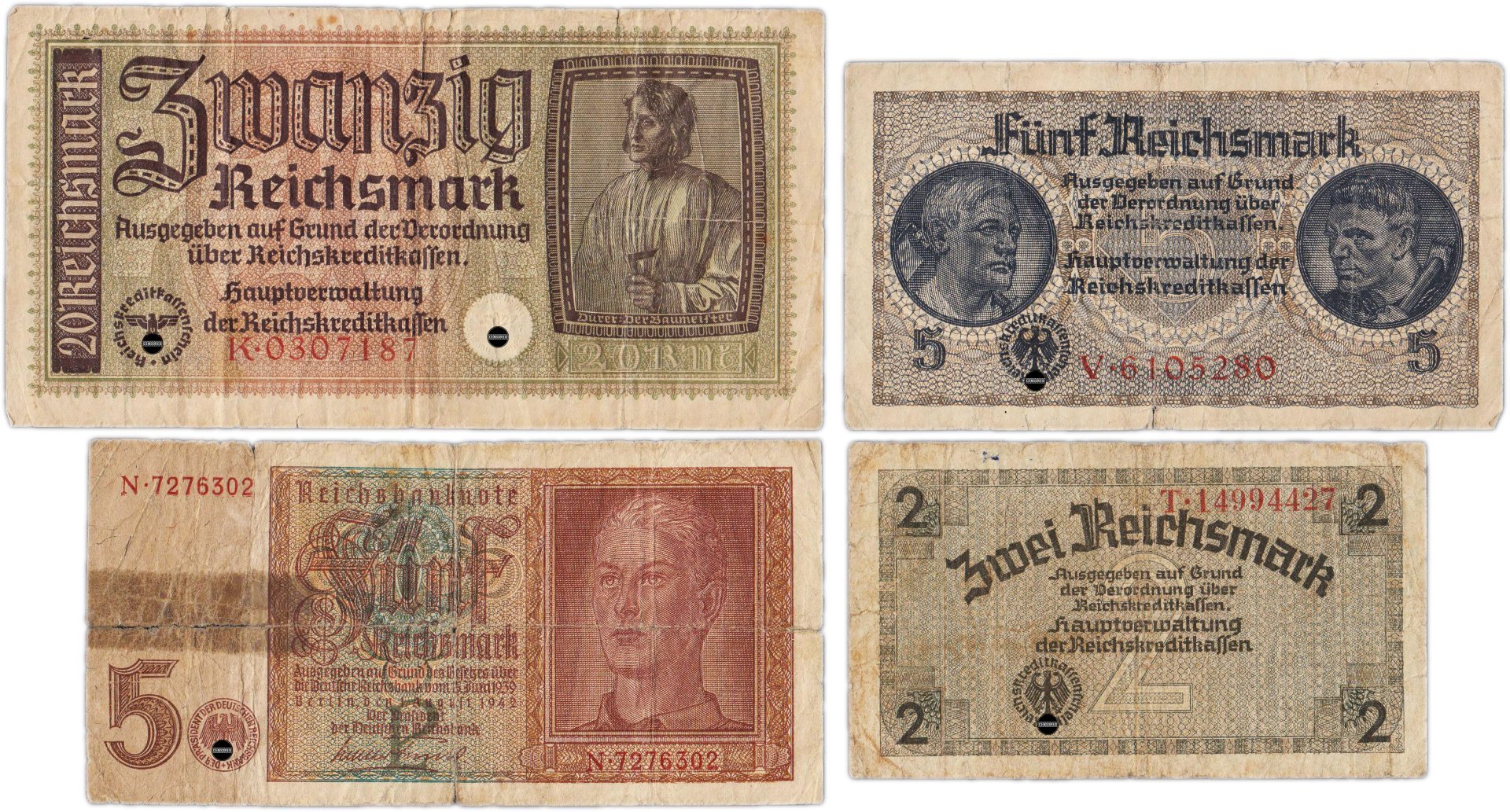 Набор из 4-х банкнот Германия, Третий рейх 2, 5 и 20 рейхсмарок (reichsmark) 1939-1945 "Немецкие оккупационные территории"
