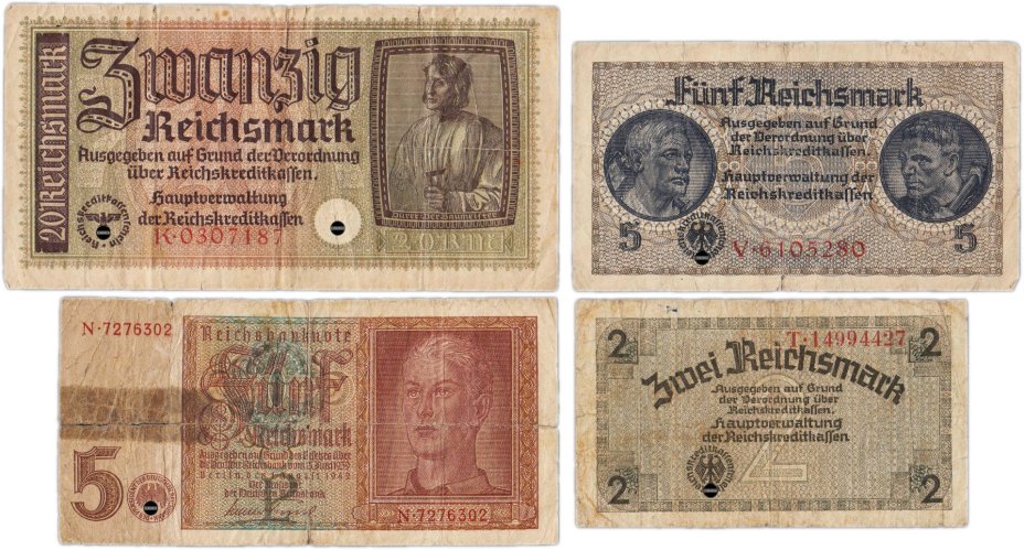 Набор из 4-х банкнот Германия, Третий рейх 2, 5 и 20 рейхсмарок (reichsmark) 1939-1945 "Немецкие оккупационные территории"