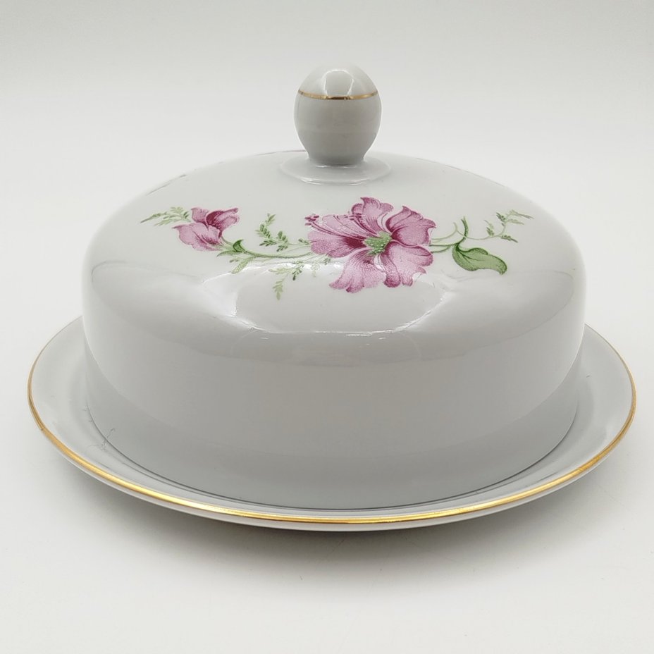 Масленка, украшенная цветочным декором, фарфор, деколь, золочение, Freiberger Porzellan, ГДР, 1970-1995 гг.