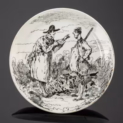 Тарелка декоративная с юмористическим изображением двух охотников, Creil et Montereau