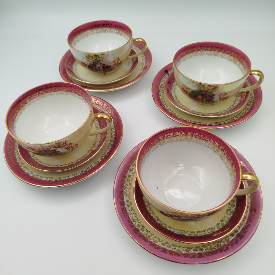 Набор чайных трио из сервиза "Мадонна" (чашки, блюдца, розетки) на 4 персоны, фарфор, деколь, люстр, золочение, Fortuna Eisenberg, Германия, 1960-1973 гг.