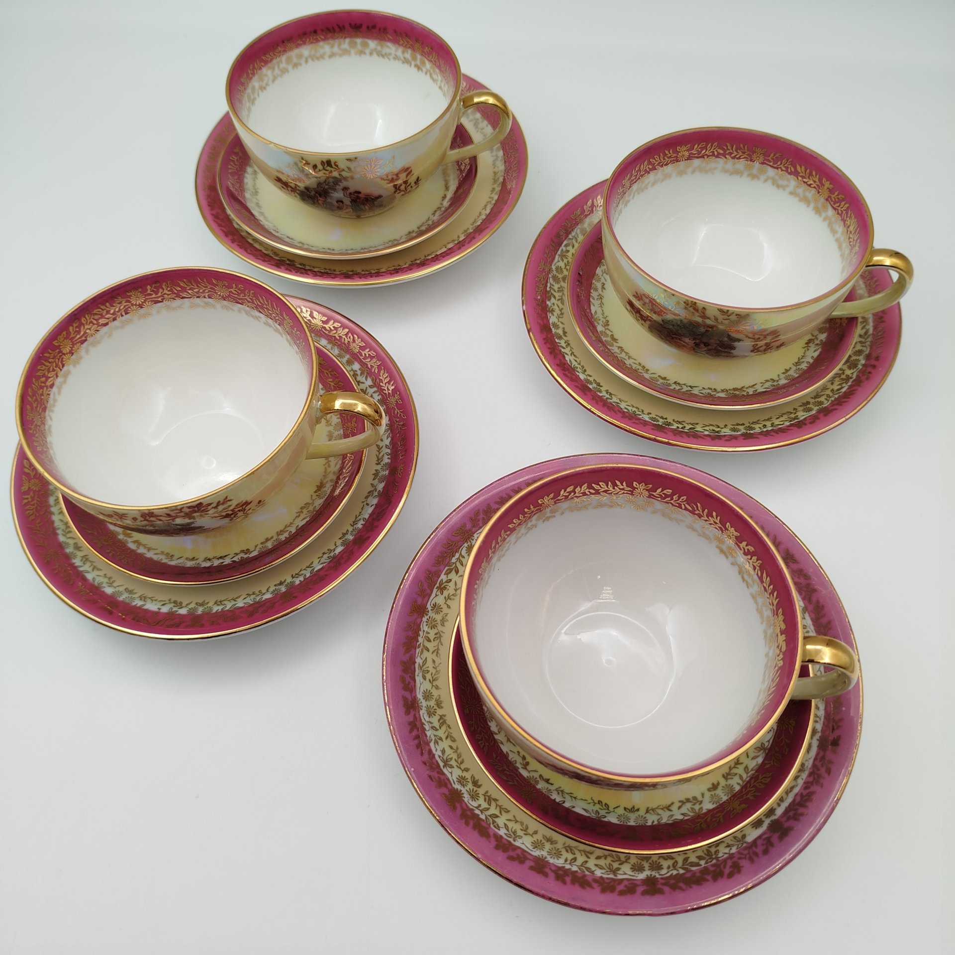 Набор чайных трио из сервиза "Мадонна" (чашки, блюдца, розетки) на 4 персоны, фарфор, деколь, люстр, золочение, Fortuna Eisenberg, Германия, 1960-1973 гг.