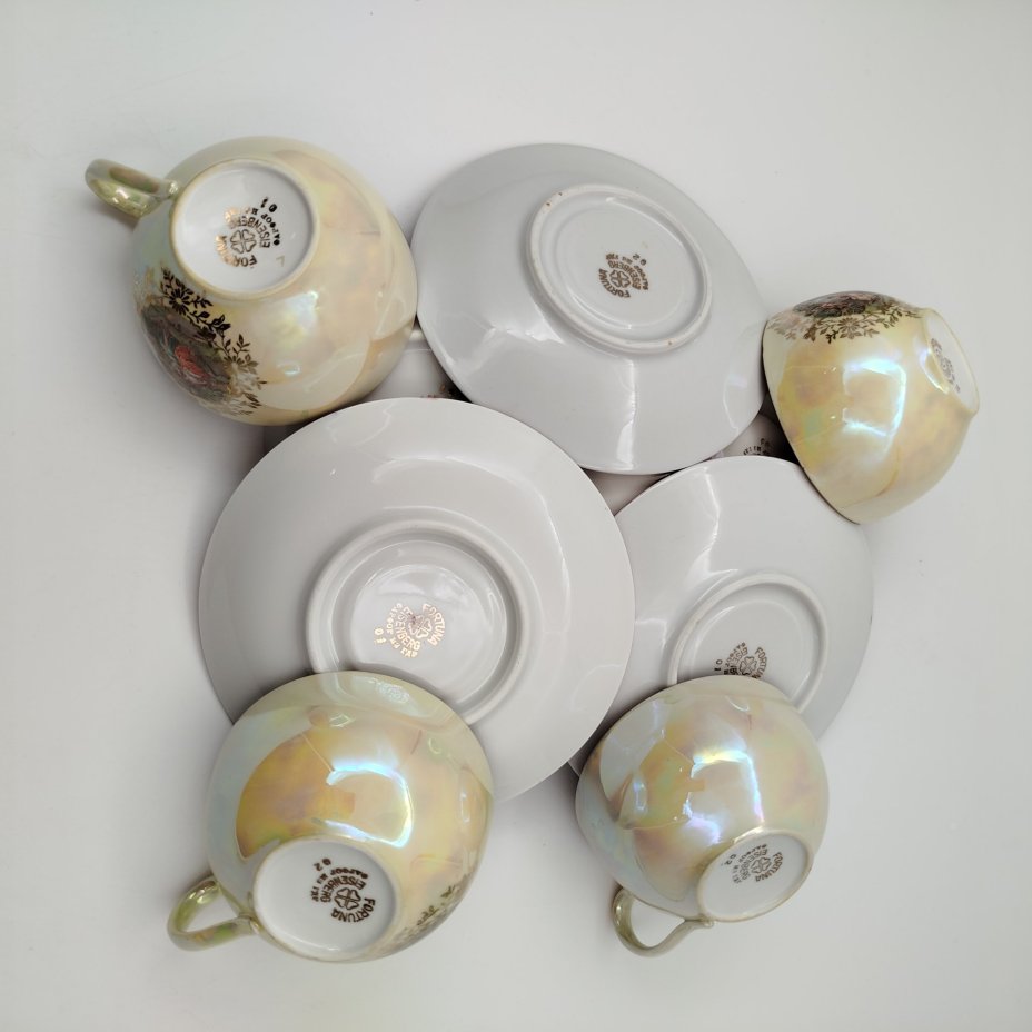 Набор чайных трио из сервиза "Мадонна" (чашки, блюдца, розетки) на 4 персоны, фарфор, деколь, люстр, золочение, Fortuna Eisenberg, Германия, 1960-1973 гг.