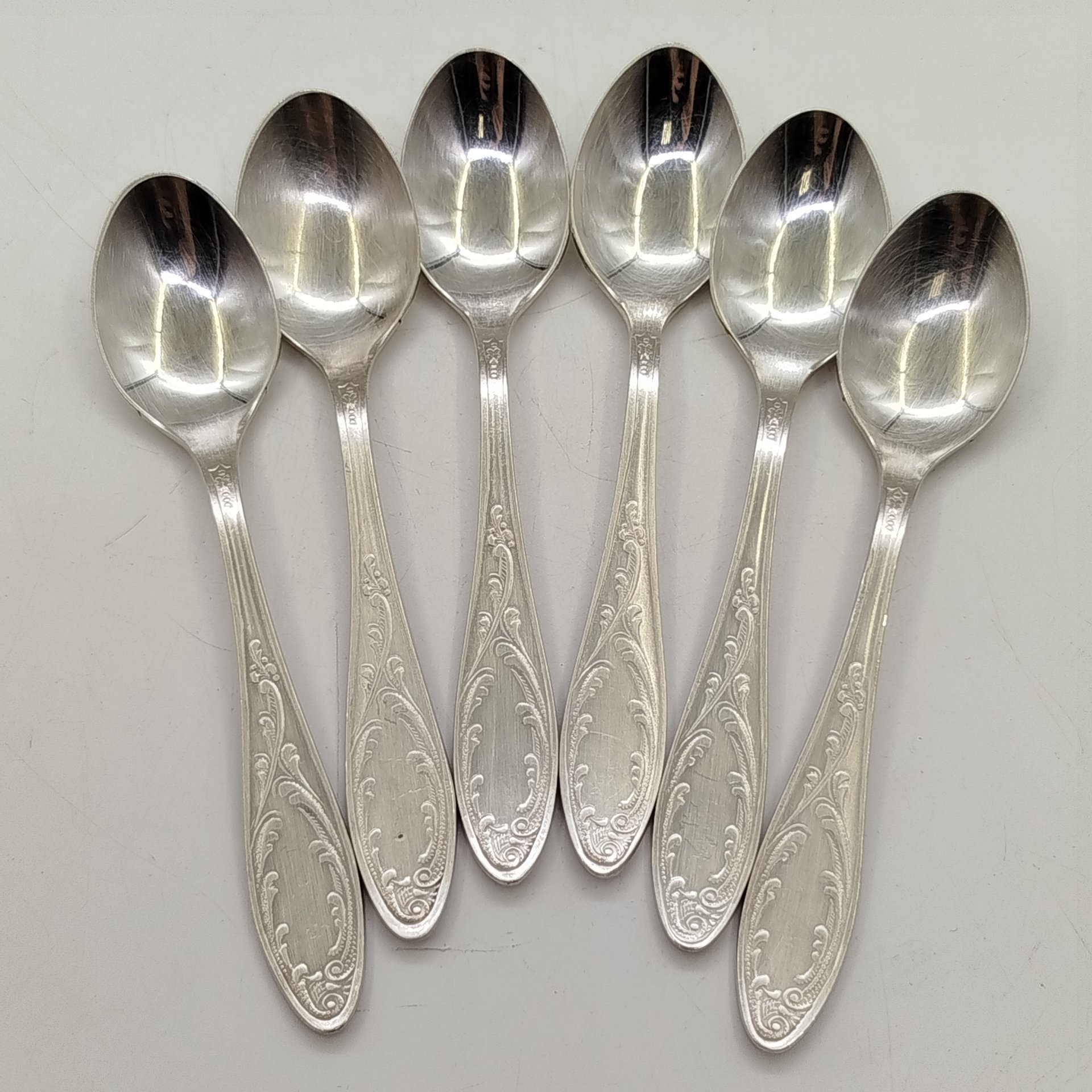 Набор из шести кофейных ложек "Пламя", мНЦ (медь-никель-цинк), Кольчугинский завод цветных металлов, СССР, 1960-1990 гг.