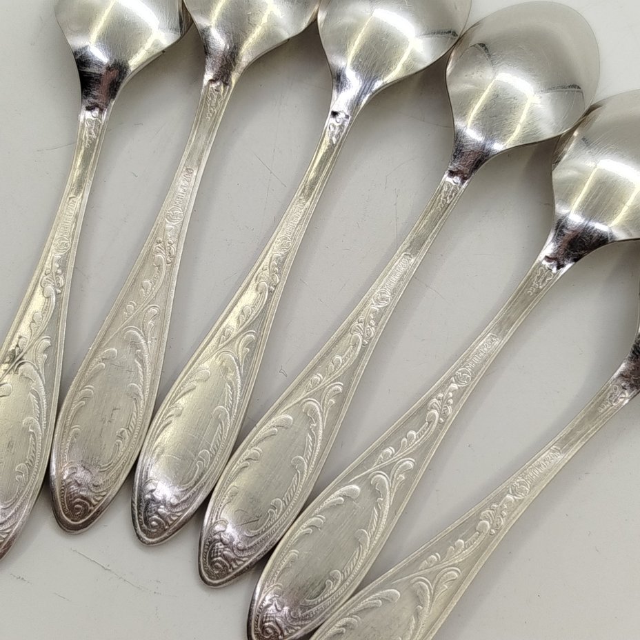 Набор из шести кофейных ложек "Пламя", мНЦ (медь-никель-цинк), Кольчугинский завод цветных металлов, СССР, 1960-1990 гг.