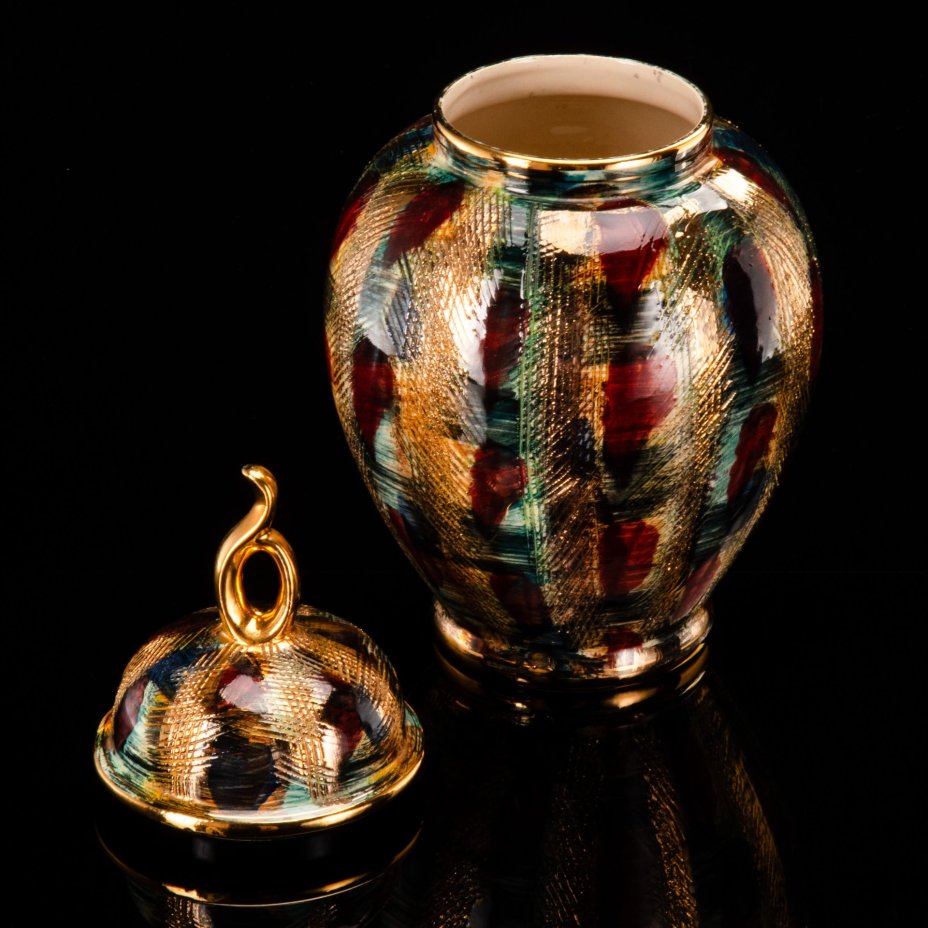 Ваза с крышкой, украшенная абстрактным декором, H. Bequet Quaregnon, фаянс, роспись, золочение, Бельгия, 1950-1960 гг.