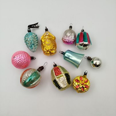 Набор елочных игрушек разных форм и расцветок, стекло, краска, металл, СССР, 1950-1980 гг.