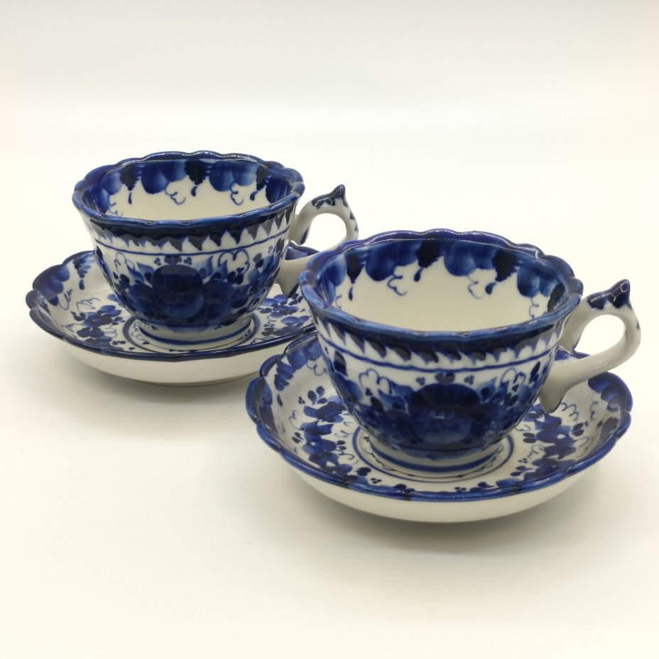 Набор из 2-х кофейных пар с цветочным декором, ав. Андреев, Гжель