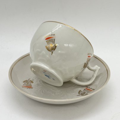 Чайная пара со стилизованным декором, фарфор, деколь, золочение, Дмитровский фарфоровый завод (ДФЗ Вербилки), СССР, 1954-1965 гг.