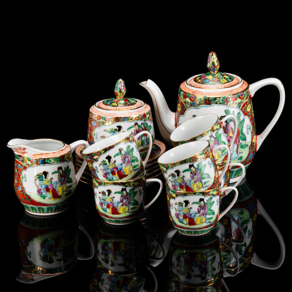 Чайный сервиз "Китайские красавицы в саду" на 6 персон (15 предметов), фарфор, деколь, роспись эмалевыми красками, золочение, Китай, 1960-1980 гг.