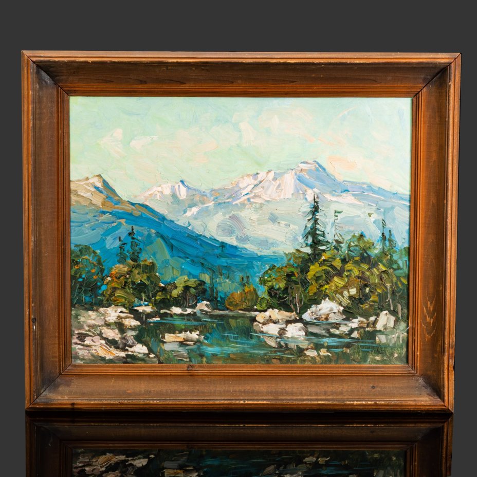 Картина в раме "Горный пейзаж", оргалит, масло, дерево, СССР