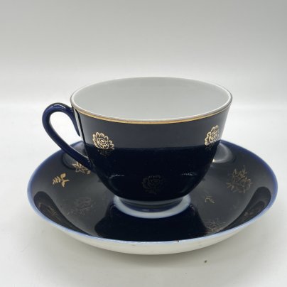 Чайная пара с растительным декором (подбор), фарфор, кобальт, золочение, Ленинградский фарфоровый завод (ЛФЗ), СССР, 1970-2000 гг.