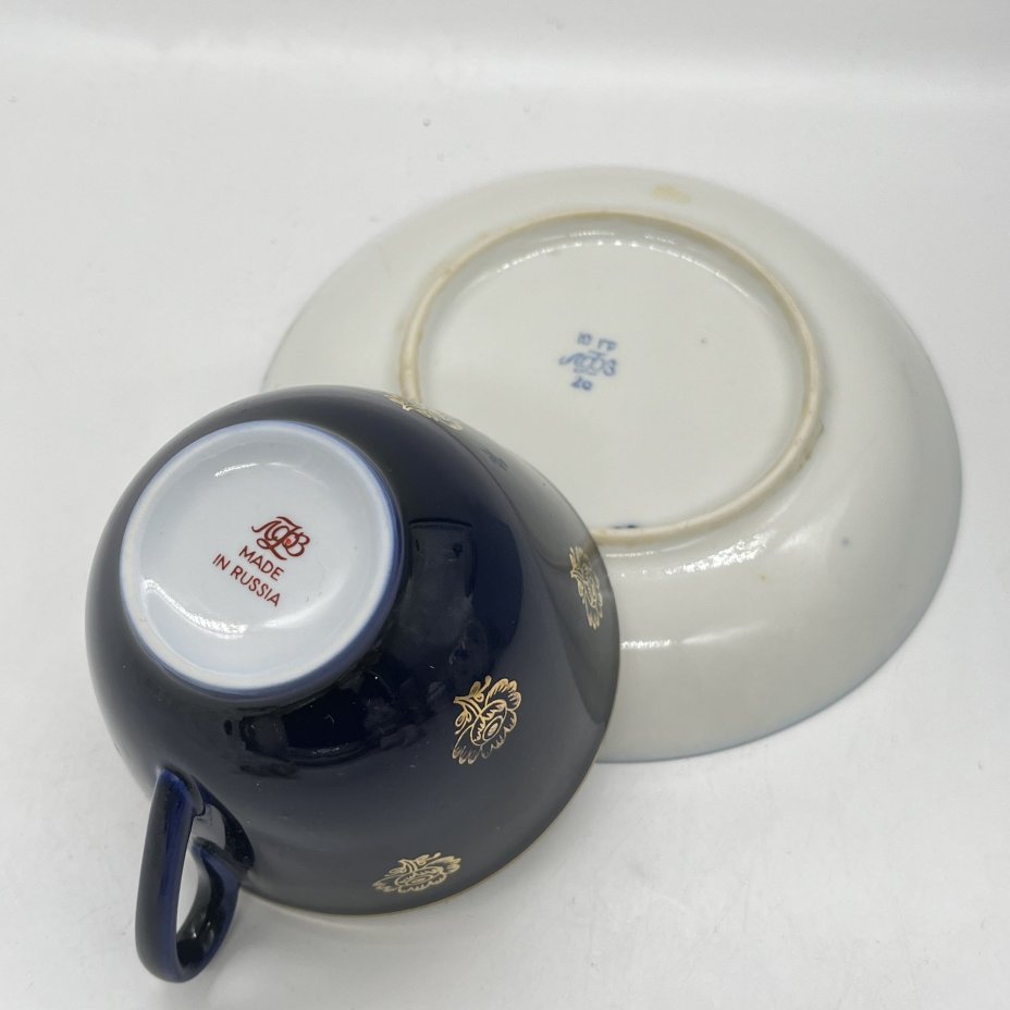 Чайная пара с растительным декором (подбор), фарфор, кобальт, золочение, Ленинградский фарфоровый завод (ЛФЗ), СССР, 1970-2000 гг.