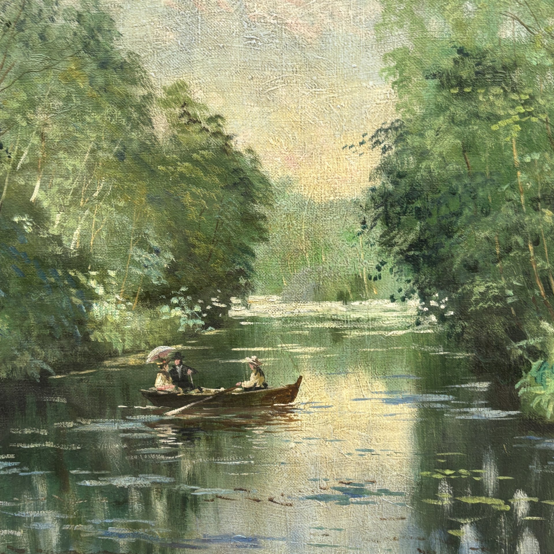 Картина "Летний пейзаж с лодкой", подпись А. Сухарев (?), холст, масло, деревянный подрамнк, Россия, 1970-2000 гг.