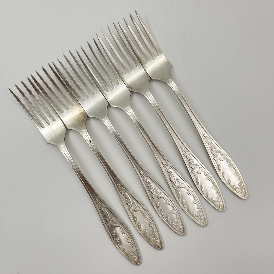 Набор из 6 вилок "Пламя", мНЦ (медь-никель-цинк), штамповка, Кольчугинский завод цветных металлов, СССР, 1962-1991 гг.