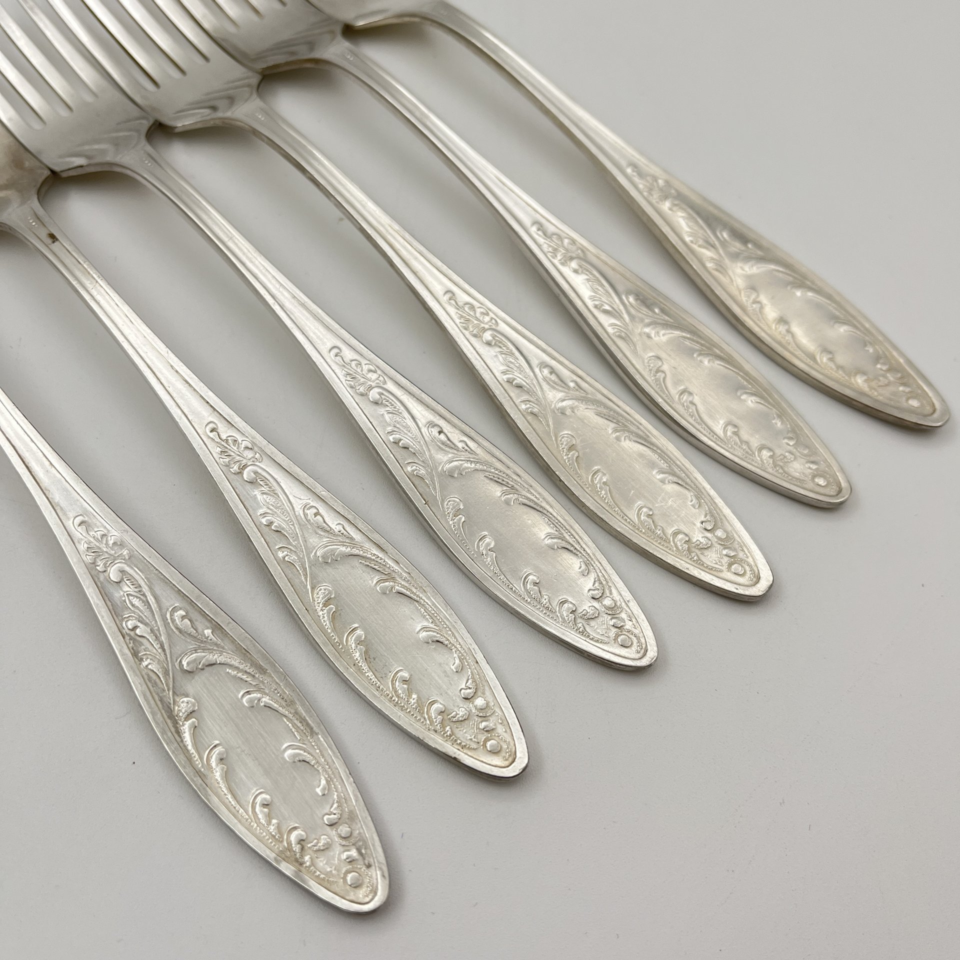 Набор из 6 вилок "Пламя", мНЦ (медь-никель-цинк), штамповка, Кольчугинский завод цветных металлов, СССР, 1962-1991 гг.