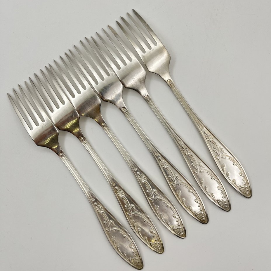 Набор из 6 вилок "Пламя", мНЦ (медь-никель-цинк), штамповка, Кольчугинский завод цветных металлов, СССР, 1962-1991 гг.