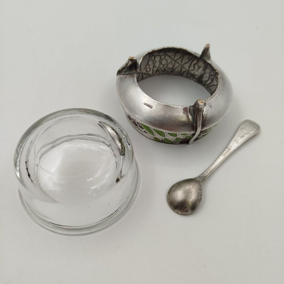 Солонка «Рябинка» с ложечкой, мельхиор (медь-никель), эмаль, стекло (вставка), Мстерская художественная фабрика  «Ювелир», СССР, 1970-1980 гг., Мстерская художественная фабрика  «Ювелир»
