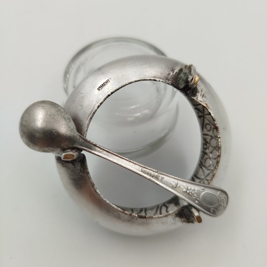 Солонка «Рябинка» с ложечкой, мельхиор (медь-никель), эмаль, стекло (вставка), Мстерская художественная фабрика  «Ювелир», СССР, 1970-1980 гг., Мстерская художественная фабрика  «Ювелир»