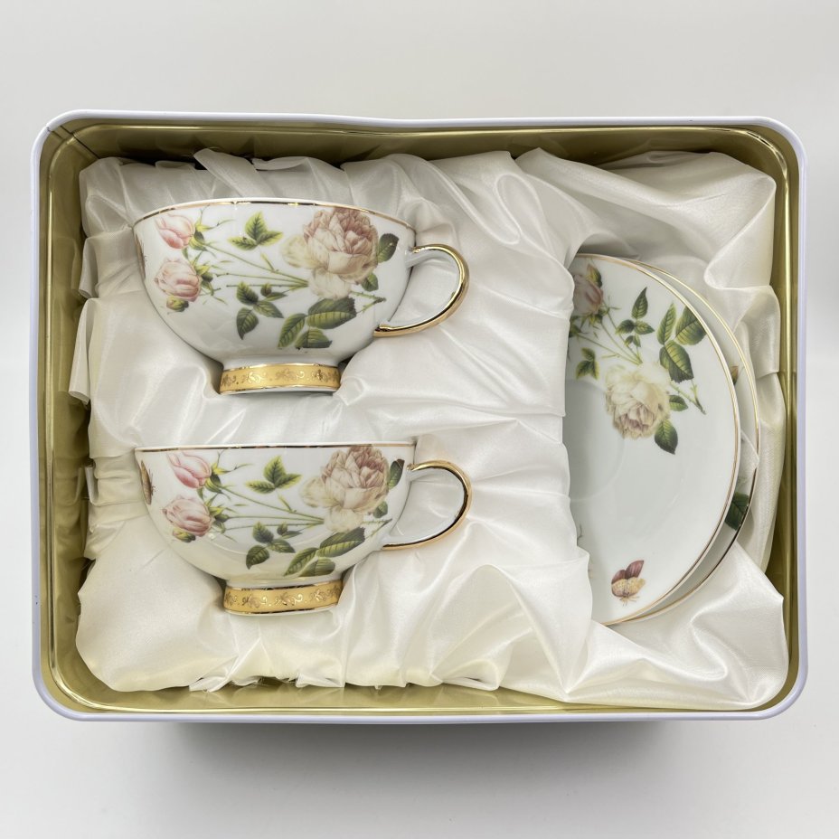 Набор чайных пар винтажный, с цветочным декором на 2 персоны (в подарочной упаковке), Veroni, фарфор, деколь, золочение, Польша, 1990-2010 гг.