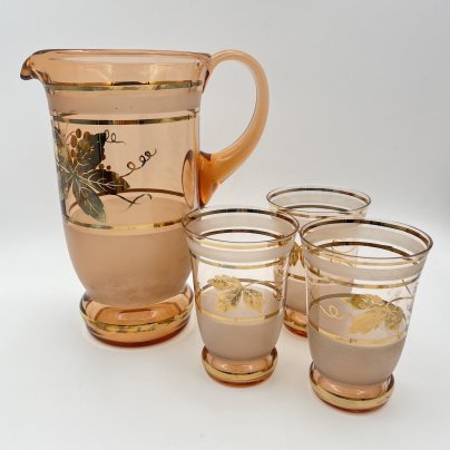 Набор из кувшина и трех стаканов, украшенных растительным декором, стекло, матирование, золочение, Восточная Европа, 1970-1990 гг.