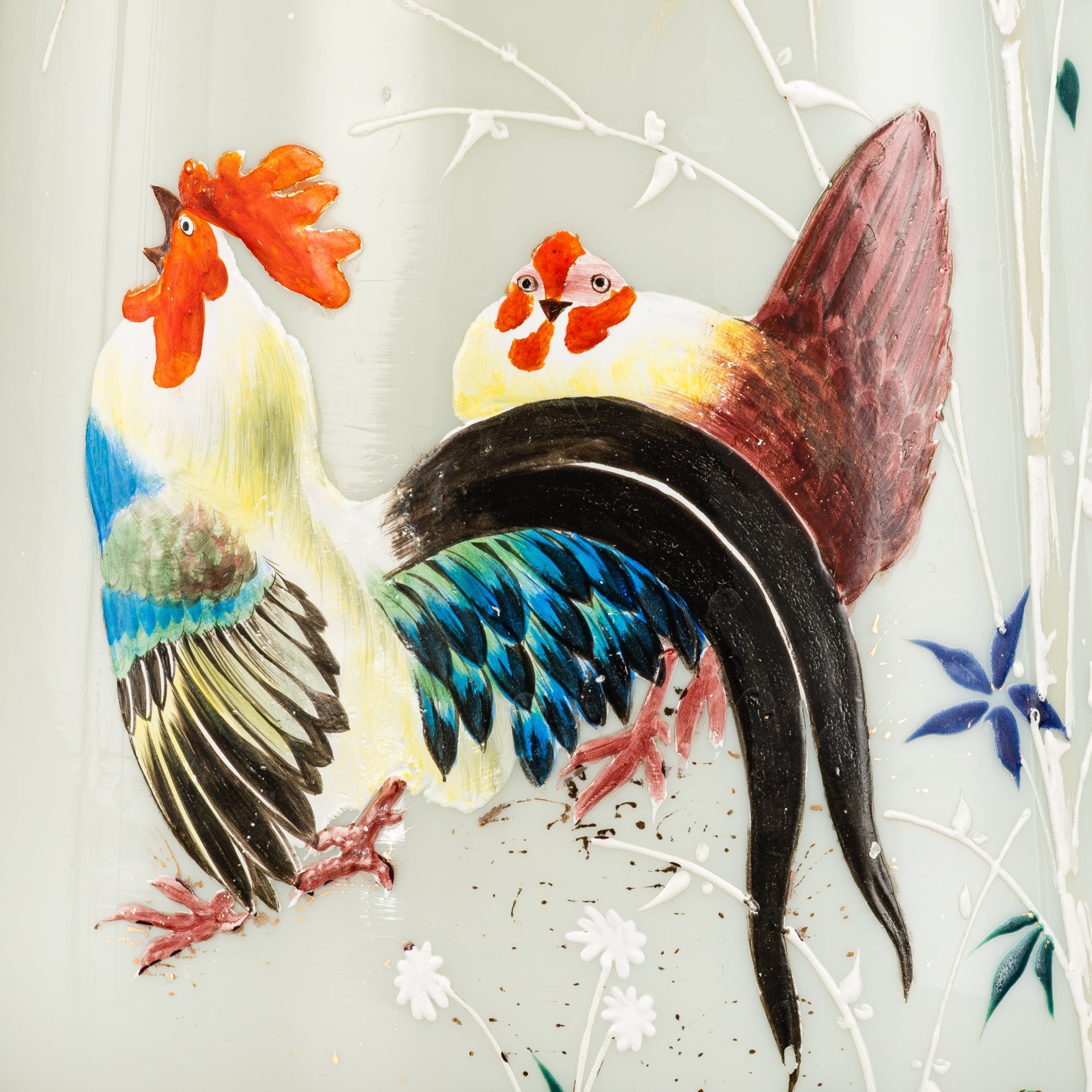 Ваза с изображением петуха и курицы, стекло, роспись, эмали, золочение, Западная Европа, 1890-1920 гг.