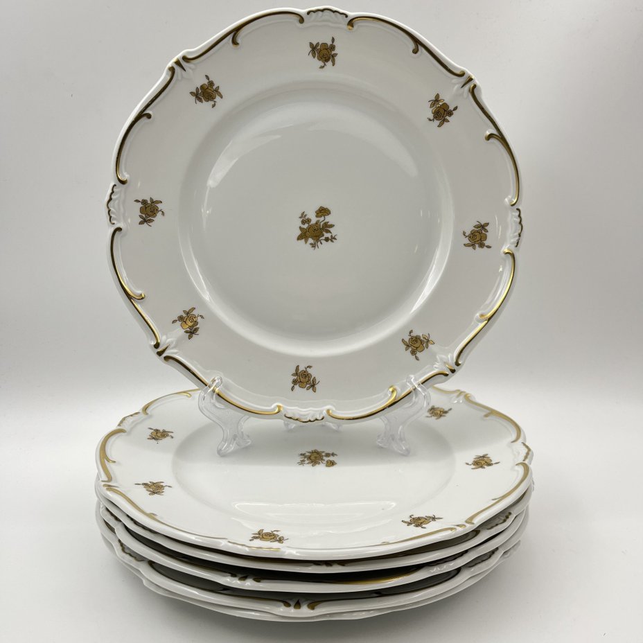 Набор из 6-ти обеденных тарелок, украшенных цветочным декором, серия "Katharina", фарфор, золочение, Weimar Porzellan (Веймарский фарфор), ГДР, 1950-1980 гг.