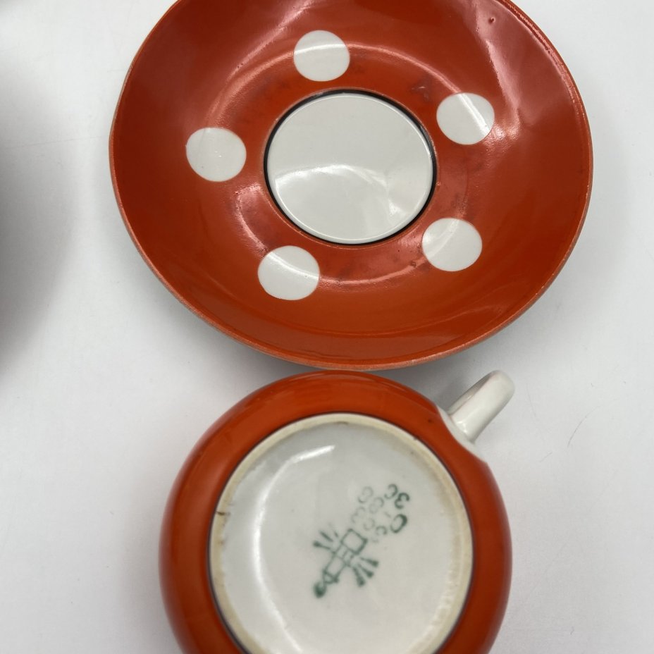 Набор чайных пар на 6 персон с декором "белый горошек", фарфор, крытье, Дружковский фарфоровый завод, СССР, 1974-1991 гг.