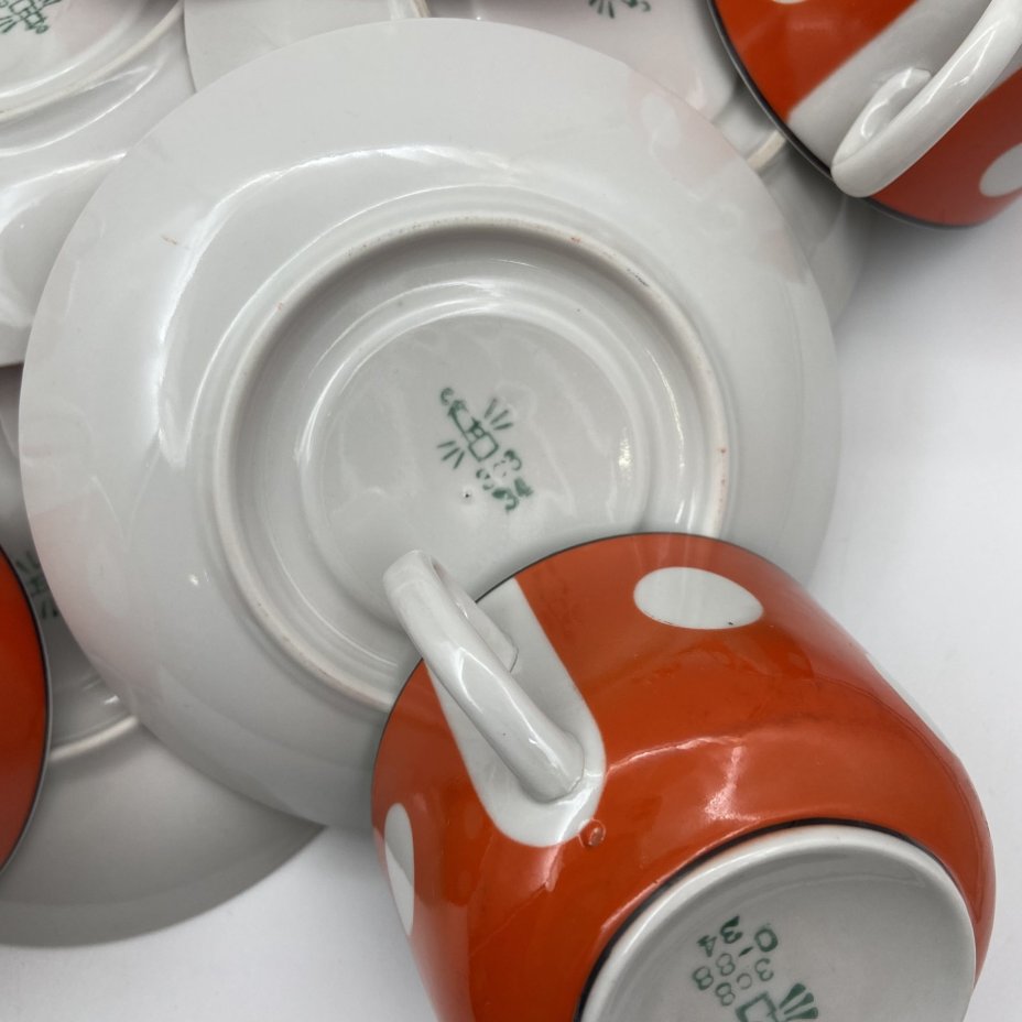 Набор чайных пар на 6 персон с декором "белый горошек", фарфор, крытье, Дружковский фарфоровый завод, СССР, 1974-1991 гг.