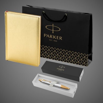 Подарочный набор: Ручка шариковая Parker IM Premium K318 Pearl GT, цвет чернил синий и золотистый ежедневник с золотым срезом страниц, Металлы: латунь, сталь