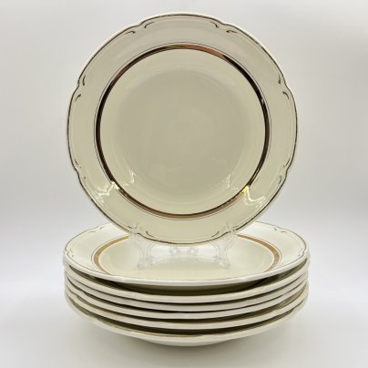 Набор суповых тарелок на 7 персон, фаянс, золочение, Конаковский фаянсовый завод им. М.И. Калинина (ЗиК Конаково), СССР, 1958 г.