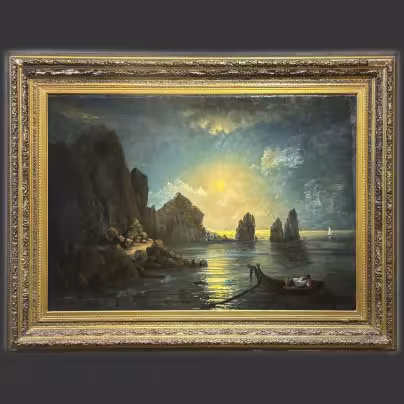 Картина "Лунная ночь. Берег моря" в раме с рельефным декором