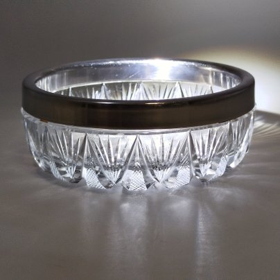 Пепельница (вазочка для мелочей/конфетница) с металлическим ободком, хрусталь, металл, СССР, 1960-1980 гг.