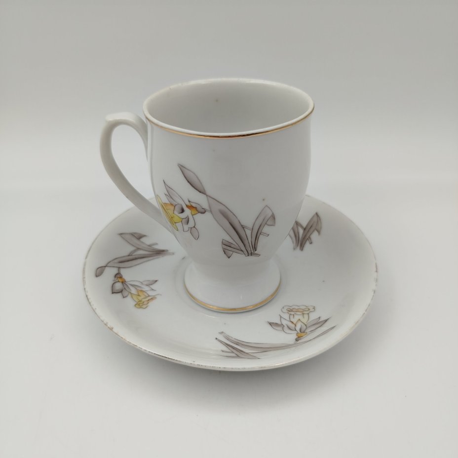 Пара кофейная с декором в виде нарциссов, фарфор, роспись, золочение, Первомайский фарфоровый завод (Песочное), СССР, 1946-1950 гг.