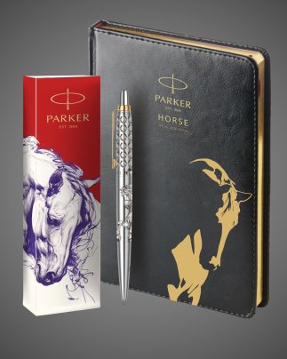 Подарочный набор: Шариковая ручка Parker Jotter Horse Special Edition в подарочной коробке и ежедневник недатированный черный с золотым срезом, Кожа и мех: искусственная кожа, нержавеющая сталь, позолота