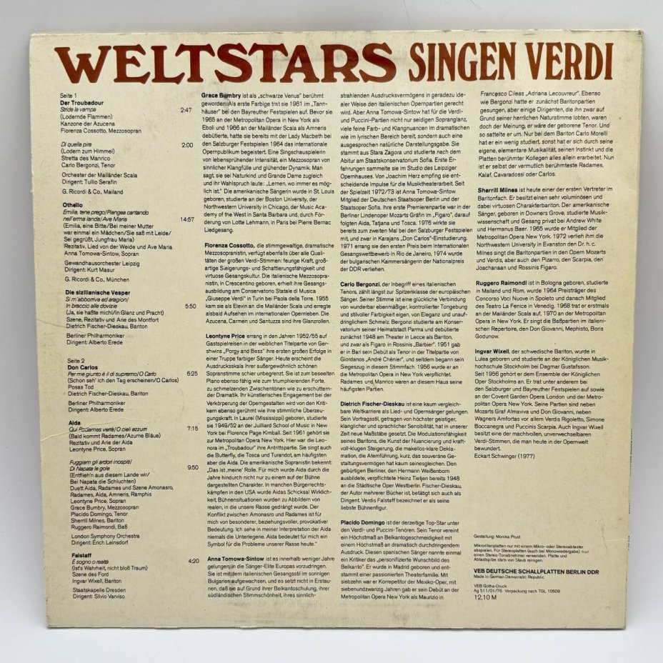 Грампластинка "Weltstars. Singen Verdi.", LP, EX (excellent),  Eterna, композитный материал, картон, СССР, 1976 г.