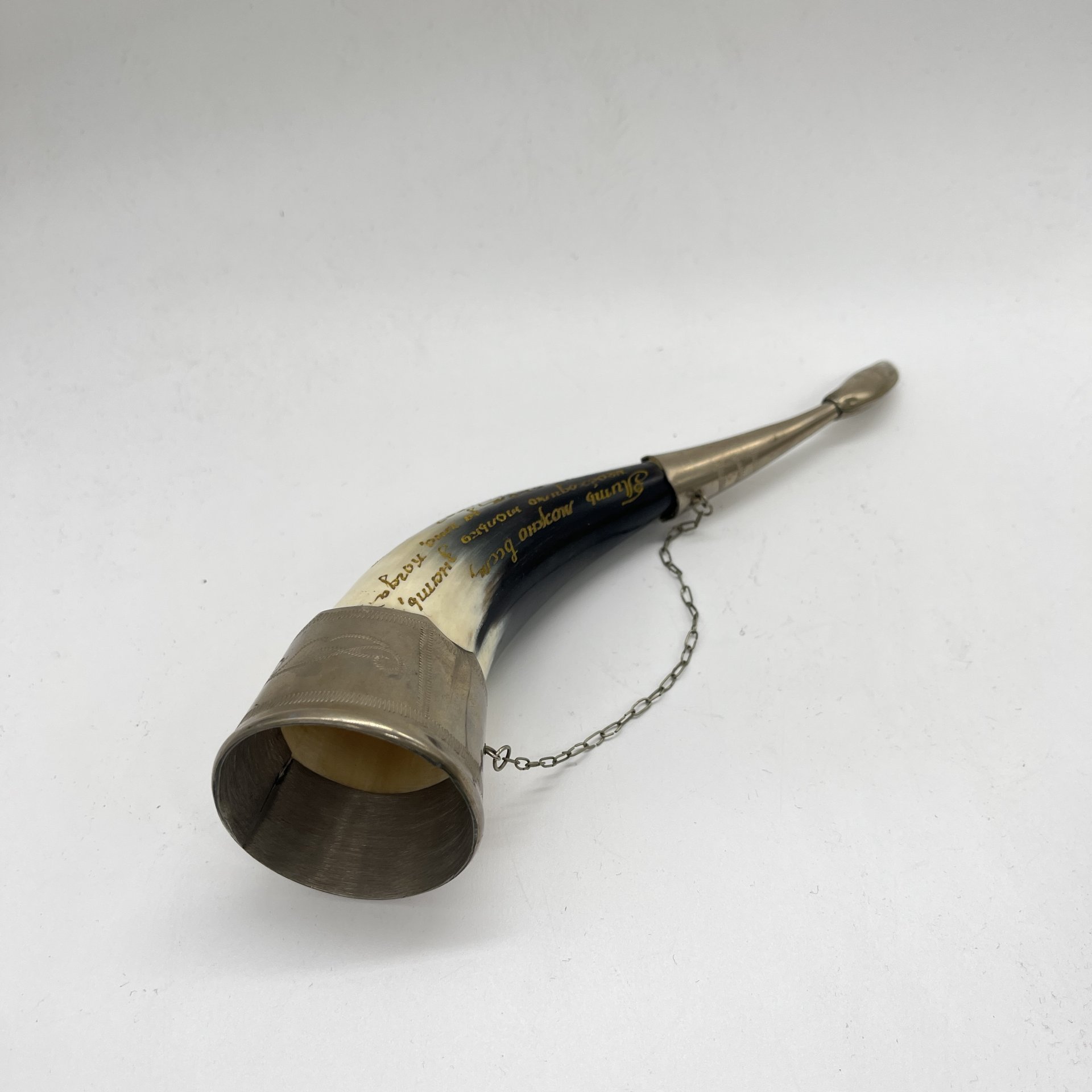 Рог изобилия (кубок для вина) миниатюрный с фигурным навершием и дарственной надписью, металл, рог, СССР, 1970 г.