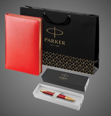 Подарочный набор: Шариковая ручка Parker IM Premium K318 Red GT, цвет чернил синий и красный недатированный ежедневник с золотым срезом, Металлы: латунь, сталь