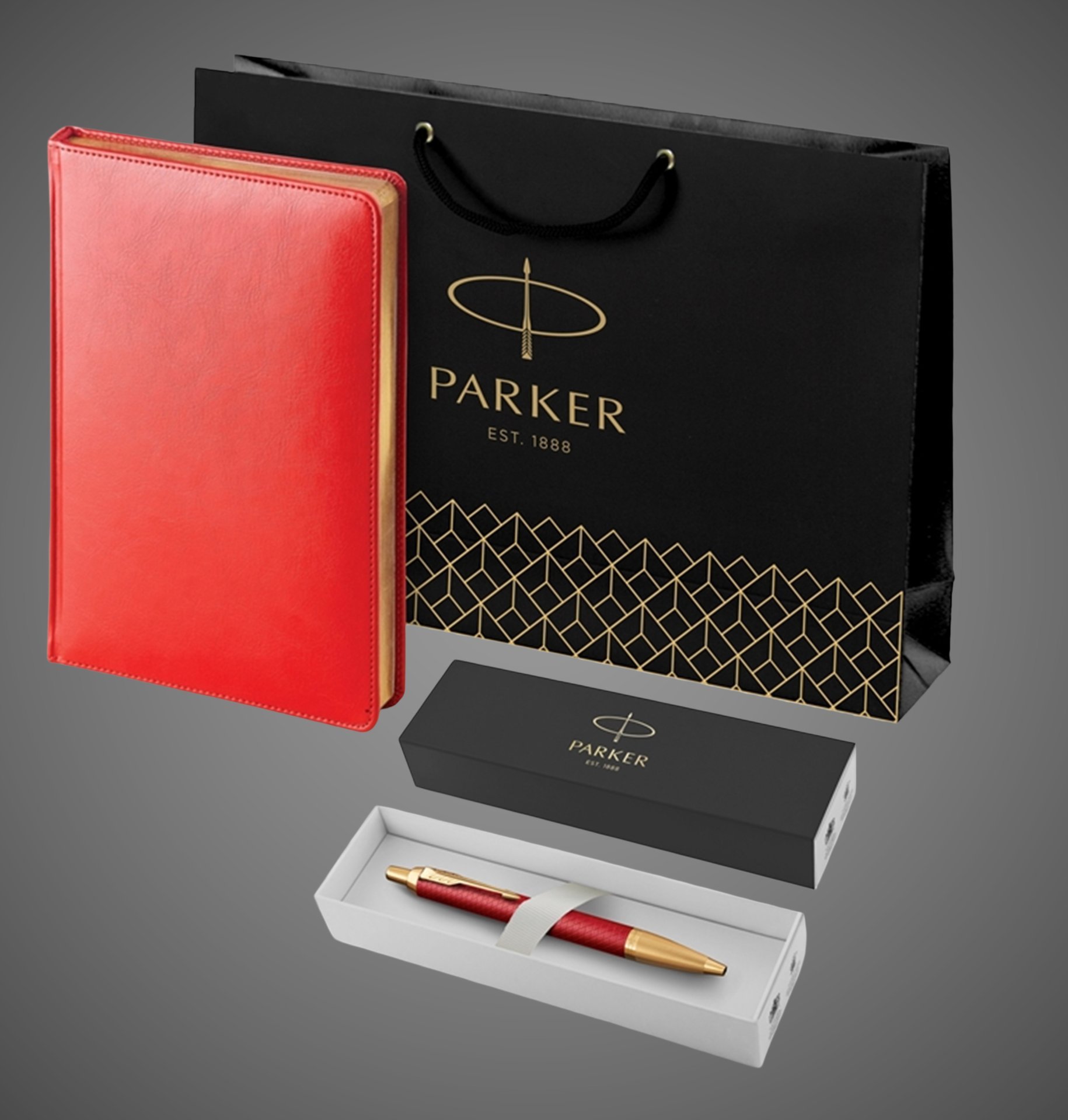 Подарочный набор: Шариковая ручка Parker IM Premium K318 Red GT, цвет чернил синий и красный недатированный ежедневник с золотым срезом, Металлы: латунь, сталь