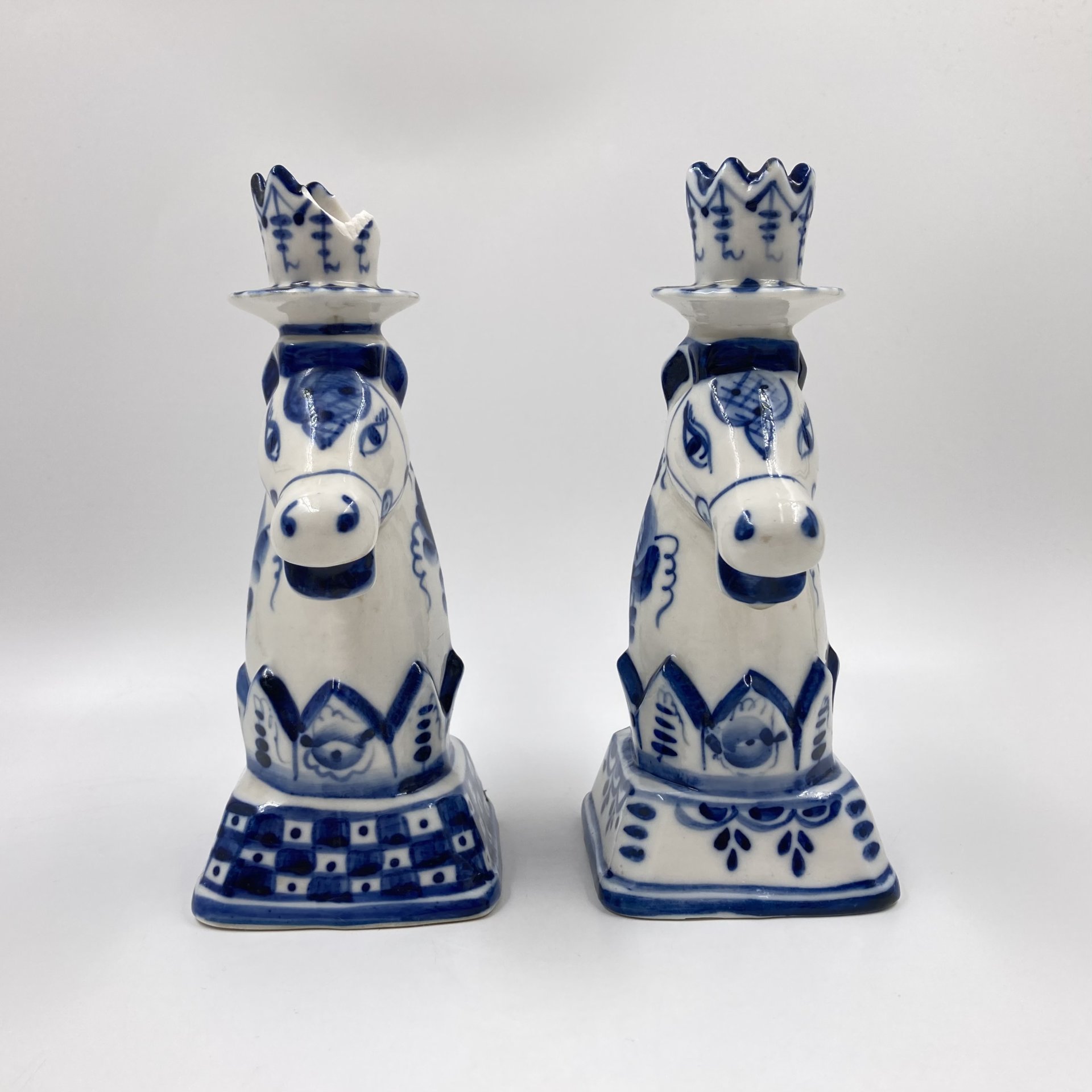 2 подсвечника "Шахматный конь", Объединение «Гжель»