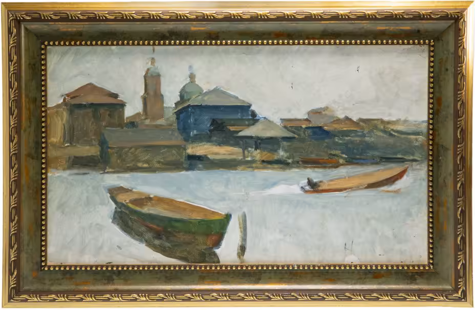 Картина "На реке", картон, масло, художник С.Н.Костин, СССР, 1960-1970 гг.