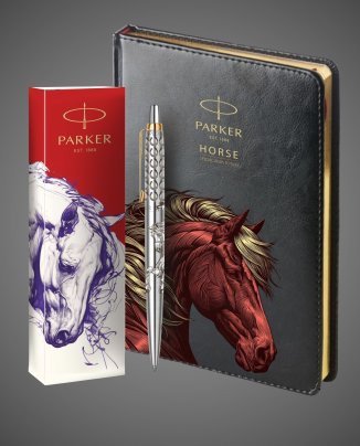 Подарочный набор: Шариковая ручка Parker Jotter Horse Special Edition в подарочной коробке и ежедневник недатированный черный с золотым срезом, Кожа и мех: искусственная кожа, нержавеющая сталь, позолота